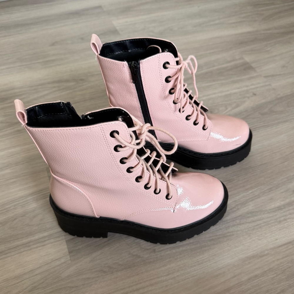 Soda Pink Combat Boots on Chunky Platform with Lug Sole